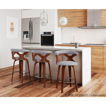 Walnut Wood, Light Grey Fabric, Chrome Gardenia Counter Stool - Set of 2