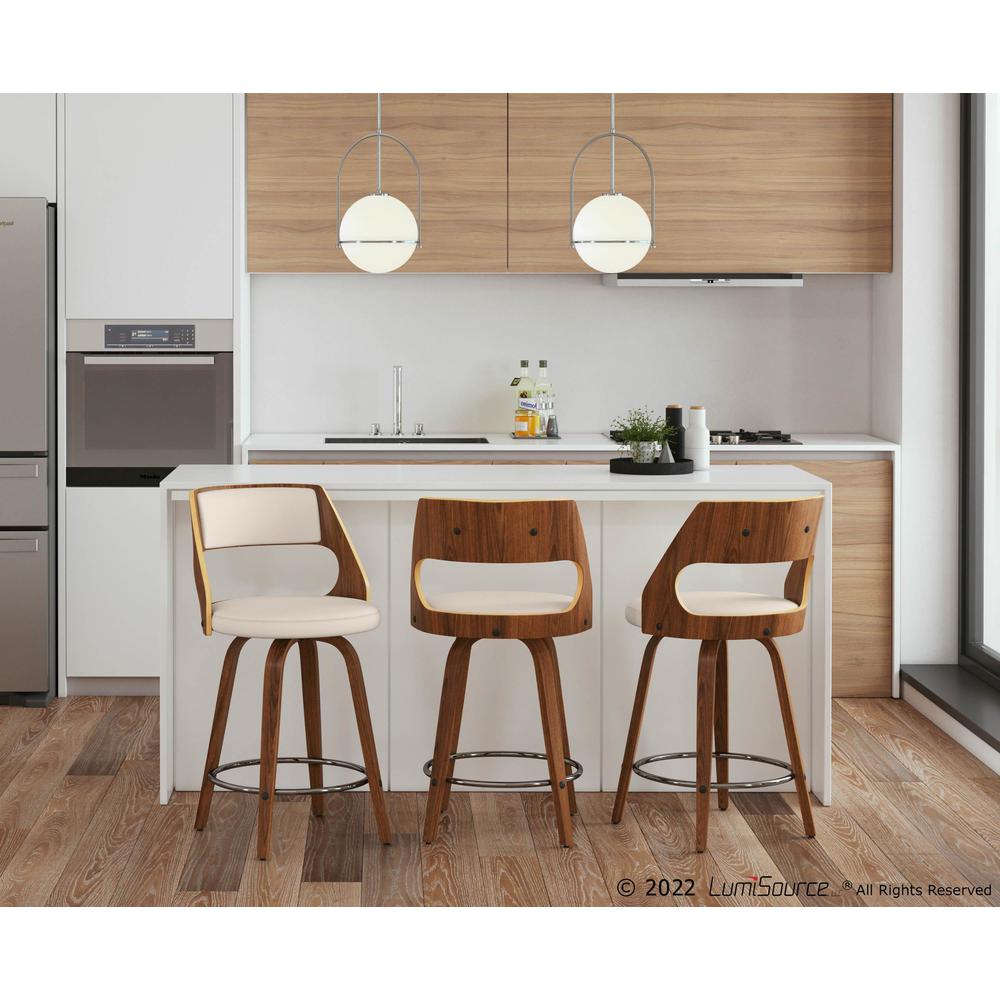 Walnut Wood, Cream PU, Chrome Cecina 24.5'' Counter Stool - Set of 2