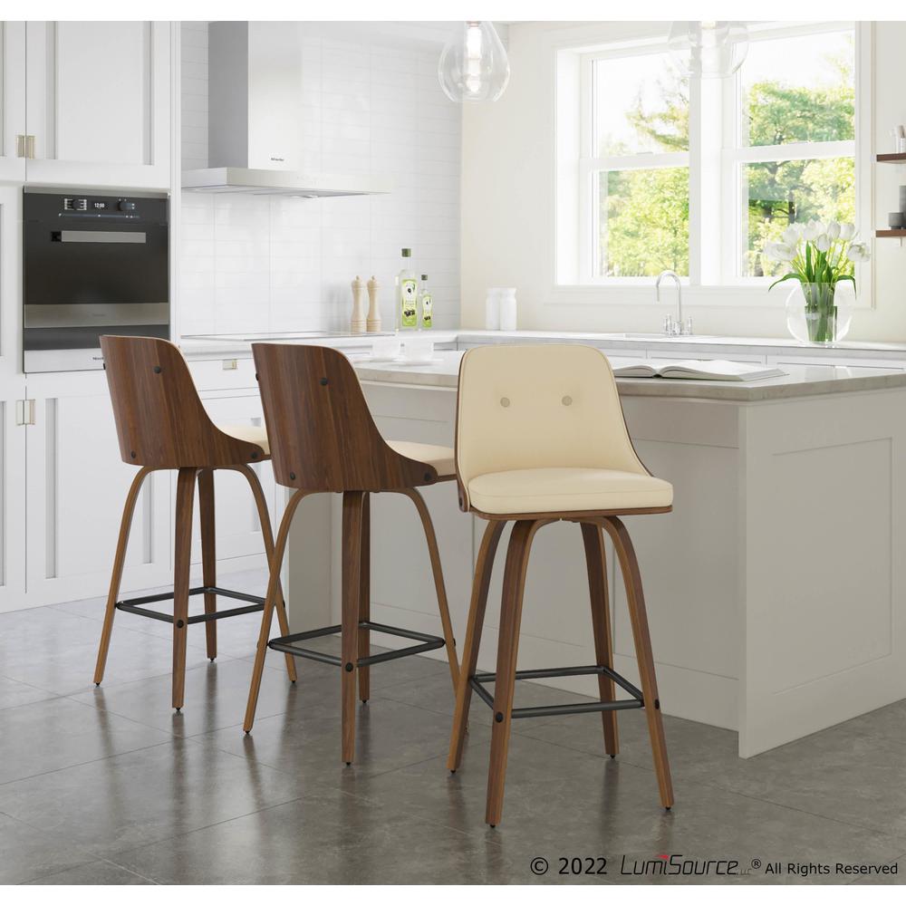 Walnut Wood, Cream PU, Black Metal Gianna Counter Stool - Set of 2