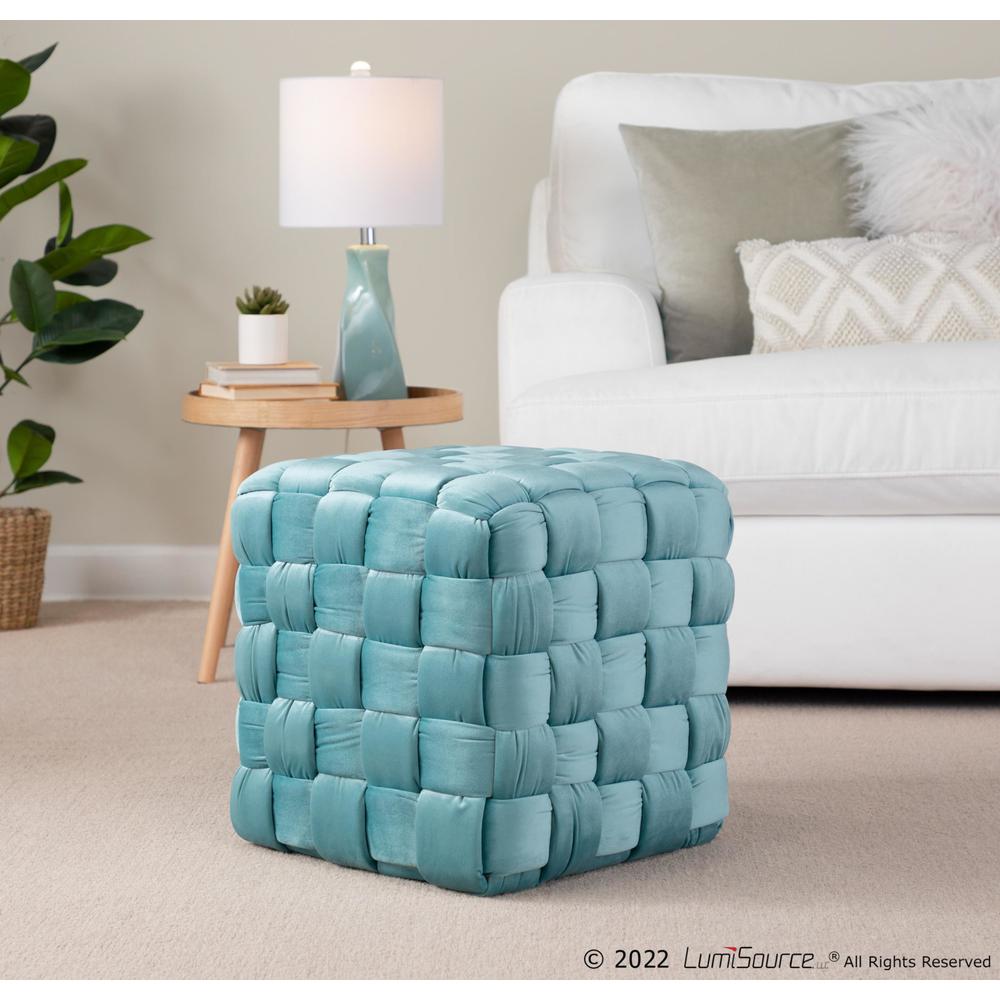 Ice Blue Velvet Braided Square 16" Ottoman