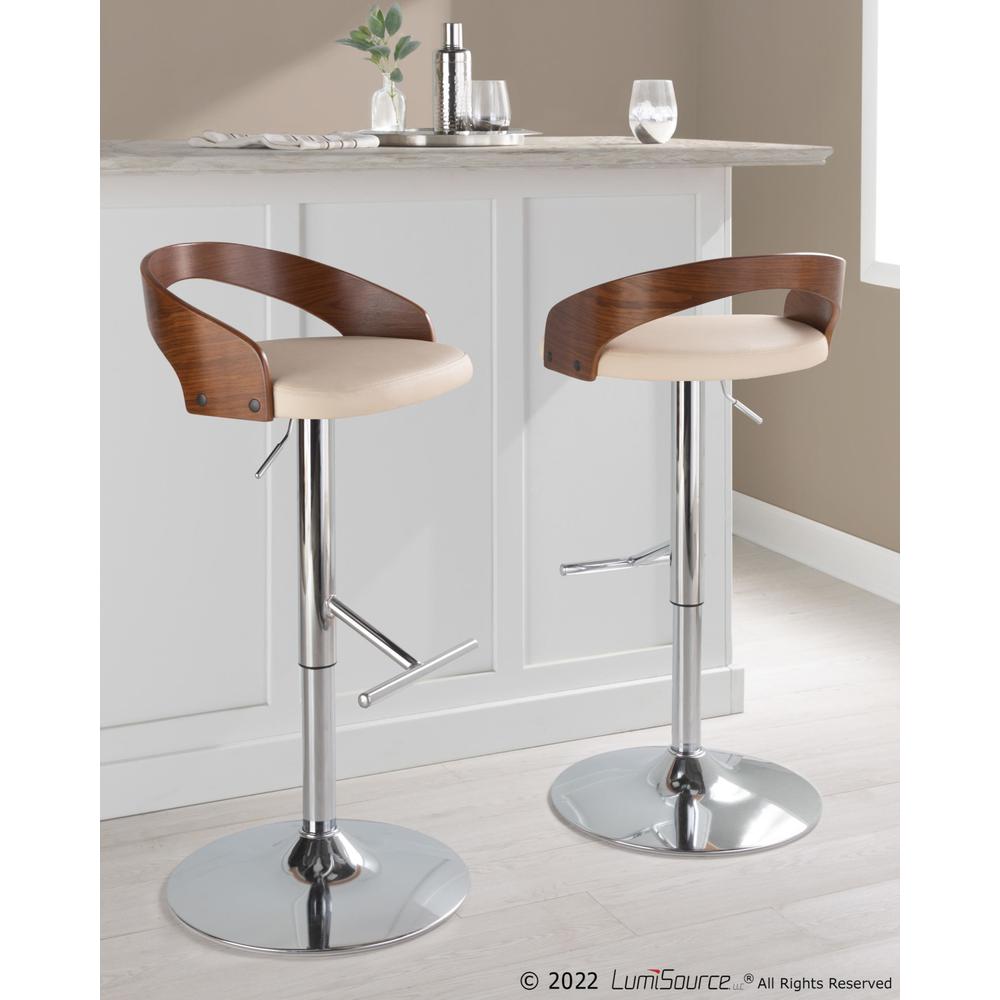 Chrome Metal, Walnut Wood, Cream PU Grotto Adjustable Barstool - Set of 2
