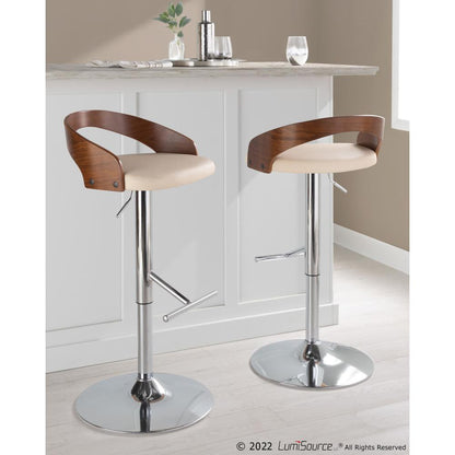 Chrome Metal, Walnut Wood, Cream PU Grotto Adjustable Barstool - Set of 2