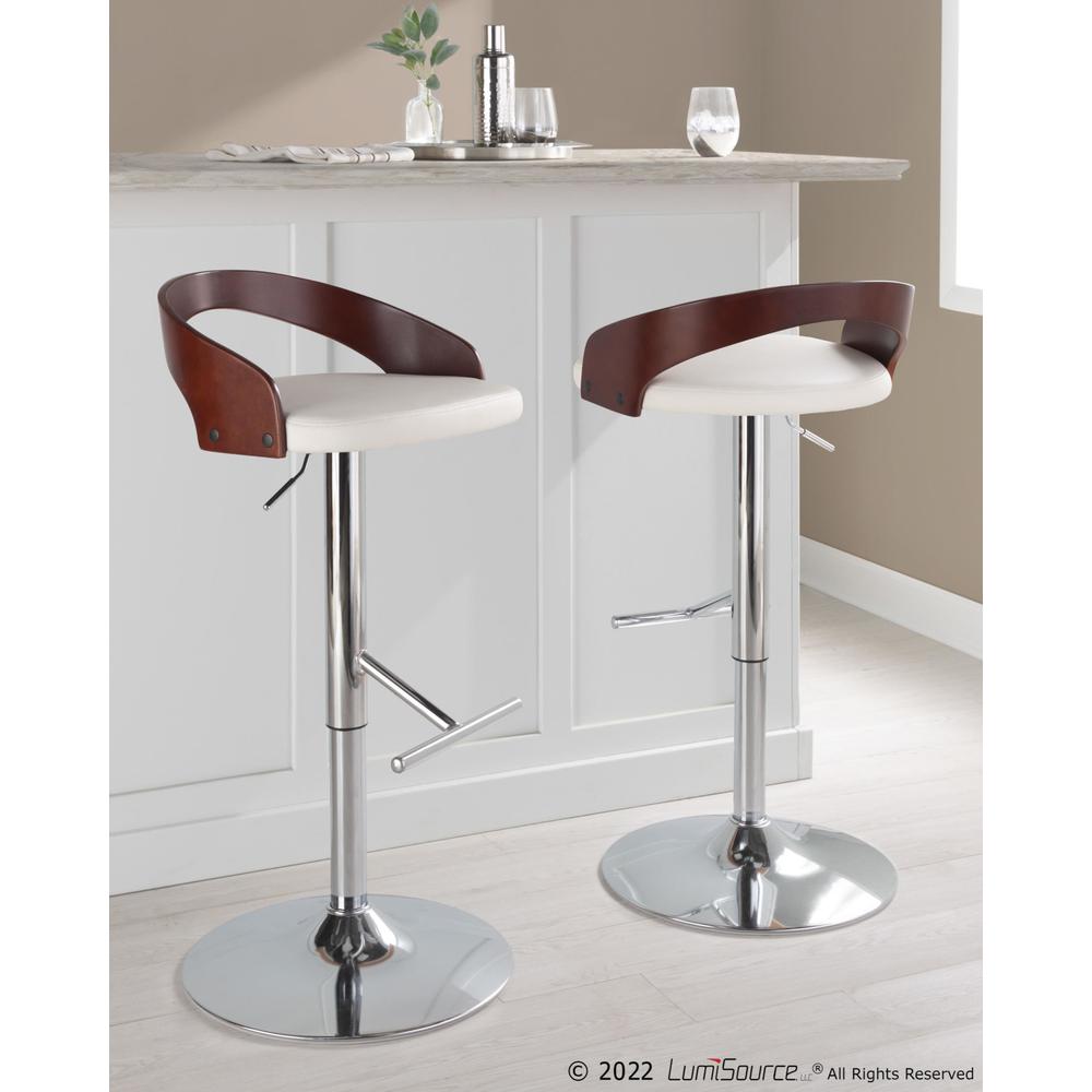 Chrome Metal, Cherry Wood, White PU Grotto Adjustable Barstool - Set of 2