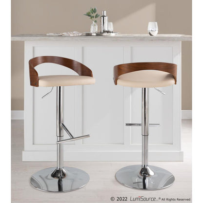 Chrome Metal, Walnut Wood, Cream PU Grotto Adjustable Barstool - Set of 2