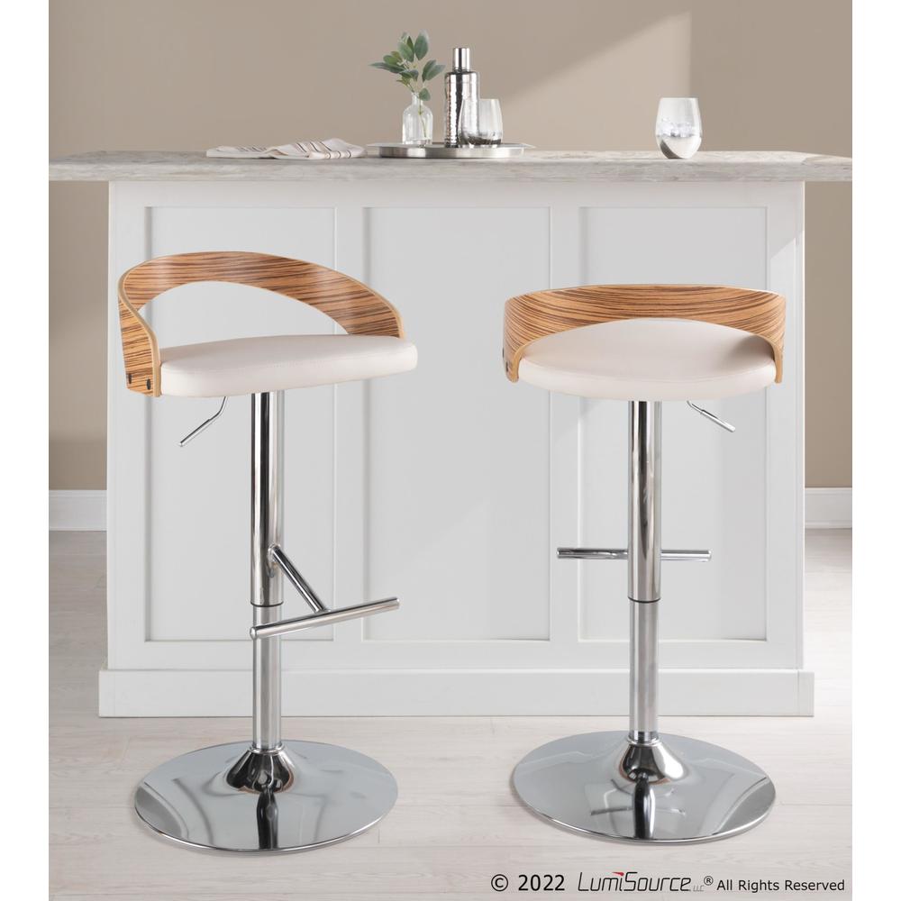 Chrome Metal, Zebra Wood, White PU Grotto Adjustable Barstool - Set of 2