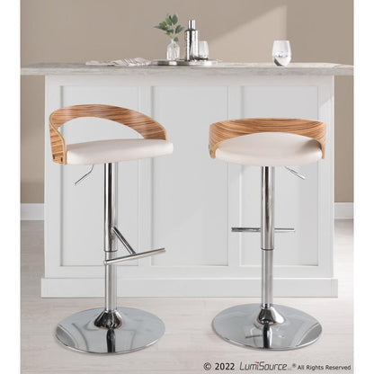 Chrome Metal, Zebra Wood, White PU Grotto Adjustable Barstool - Set of 2