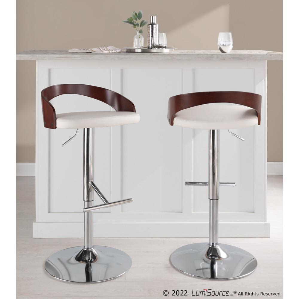 Chrome Metal, Cherry Wood, White PU Grotto Adjustable Barstool - Set of 2