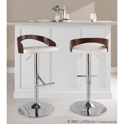 Chrome Metal, Cherry Wood, White PU Grotto Adjustable Barstool - Set of 2