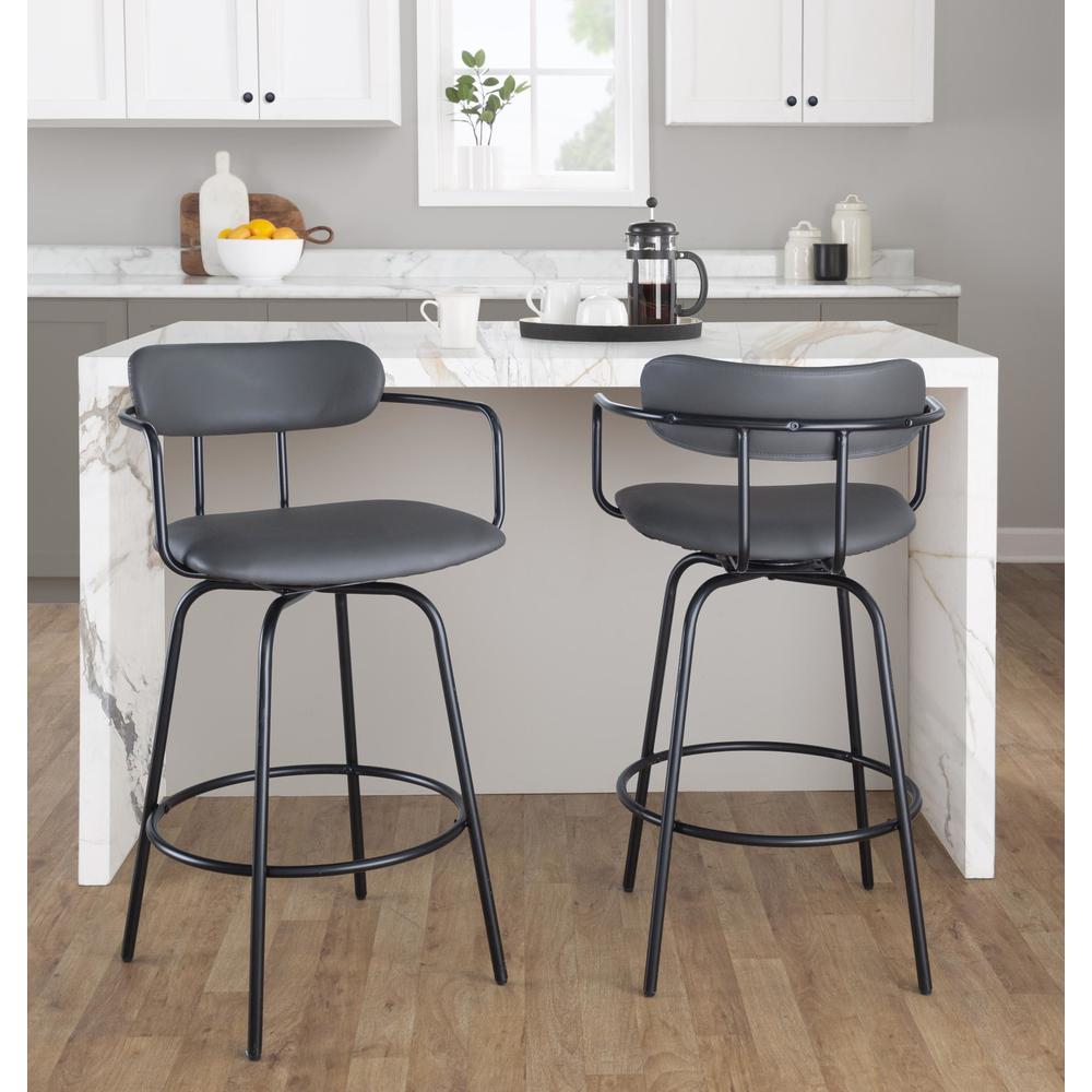 Black Metal , Grey PU Demi 26" Fixed-Height Counter Stool - Set of 2