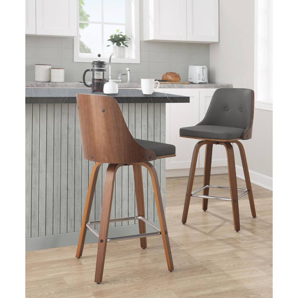 Walnut Wood, Chrome Metal, Grey PU Gianna Fixed-Height Counter Stool - Set of 2
