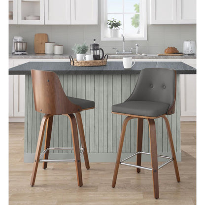 Walnut Wood, Chrome Metal, Grey PU Gianna Fixed-Height Counter Stool - Set of 2