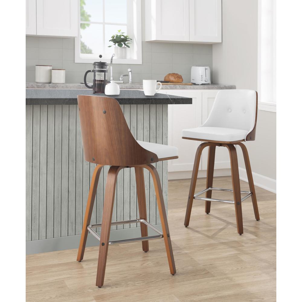 Walnut Wood, Chrome Metal, White PU Gianna Fixed-Height Counter Stool - Set of 2