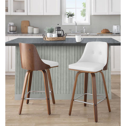 Walnut Wood, Chrome Metal, White PU Gianna Fixed-Height Counter Stool - Set of 2