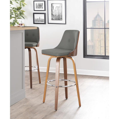 Walnut Wood, Chrome Metal, Grey PU Gianna Fixed-Height Barstool - Set of 2