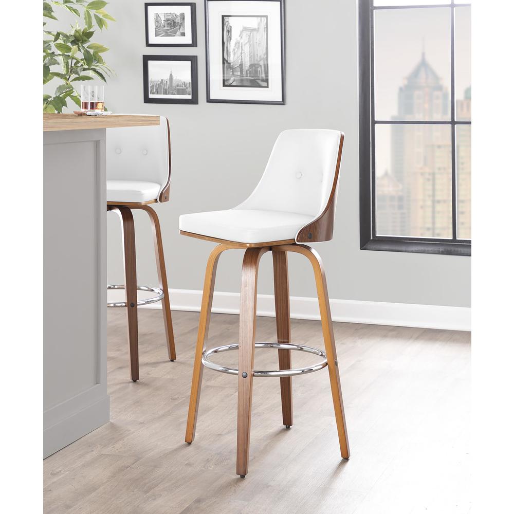 Walnut Wood, Chrome Metal, White PU Gianna Fixed-Height Barstool - Set of 2