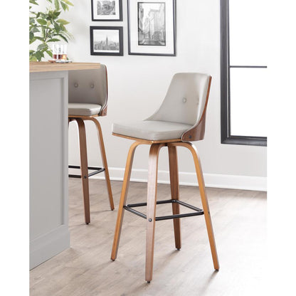 Walnut Wood, Light Grey PU, Black Metal Gianna Fixed-Height Barstool - Set of 2