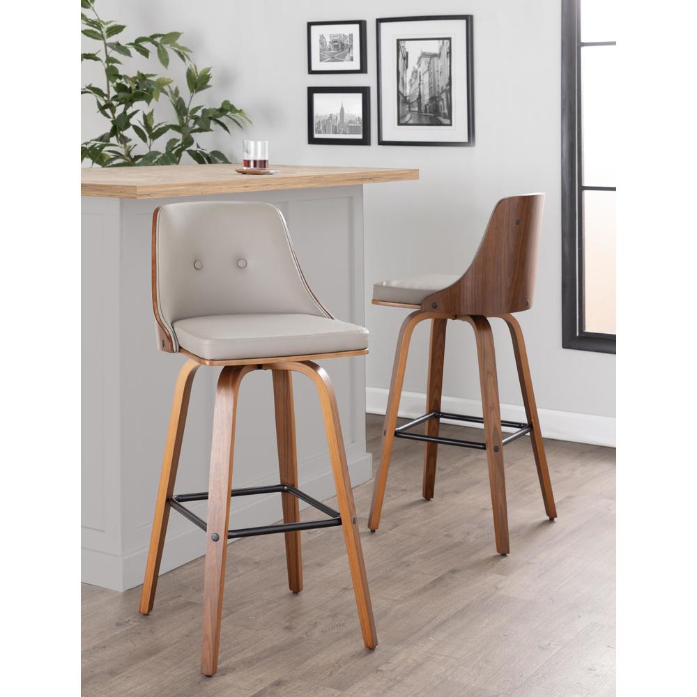 Walnut Wood, Light Grey PU, Black Metal Gianna Fixed-Height Barstool - Set of 2