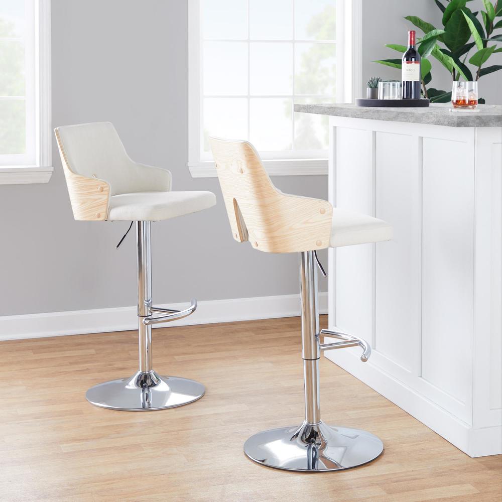 Chrome Metal, Natural Wood, Cream Fabric Stella Adjustable Barstool - Set of 2