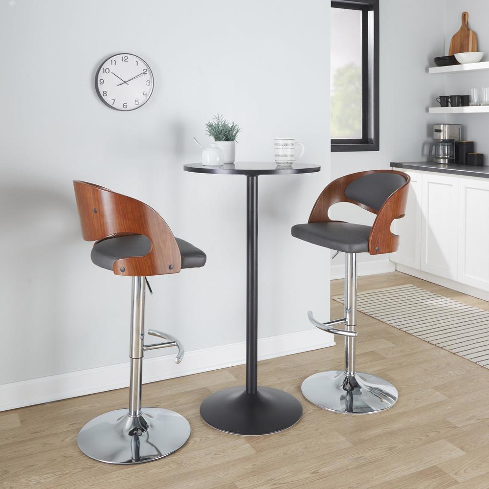 Chrome Metal, Walnut Wood, Grey PU Pino Adjustable Barstool - Set of 2