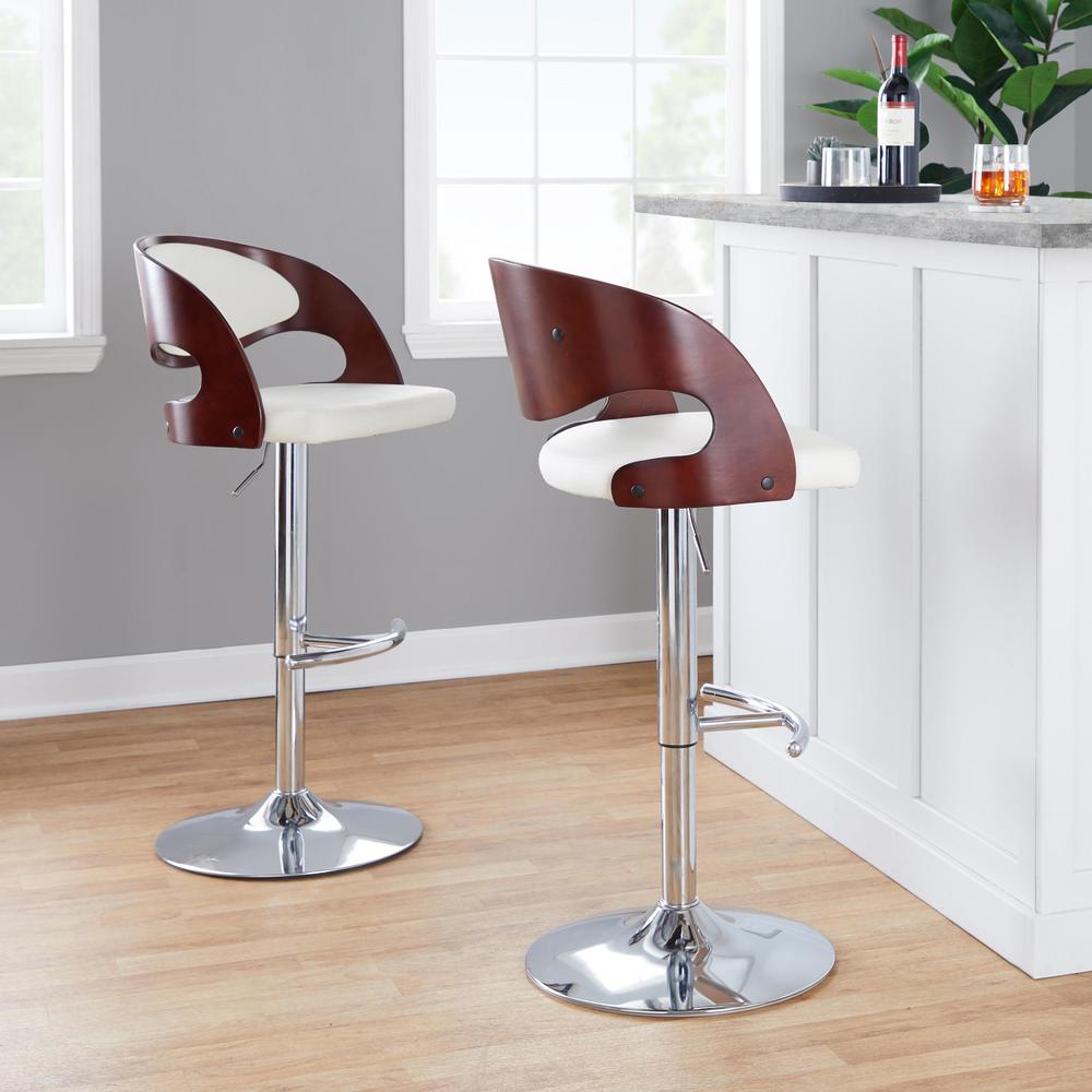 Chrome Metal, Cherry Wood, White PU Pino Adjustable Barstool - Set of 2