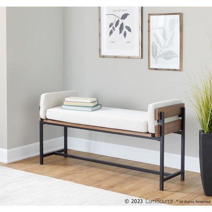 Black Metal, Brown Wood, Cream Fabric Kari Bench