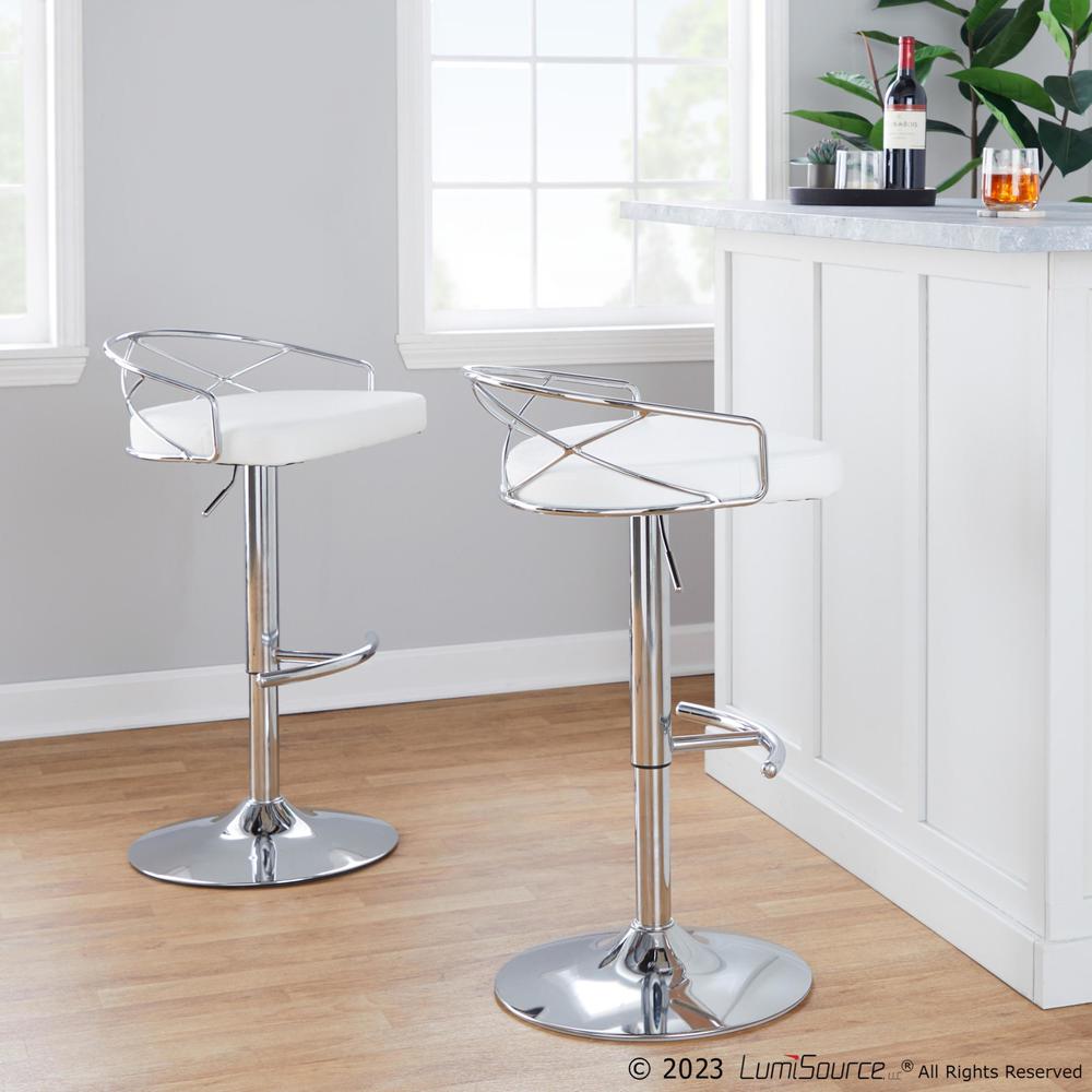 Chrome Metal, White PU Charlotte Glam Adjustable Barstool - Set of 2