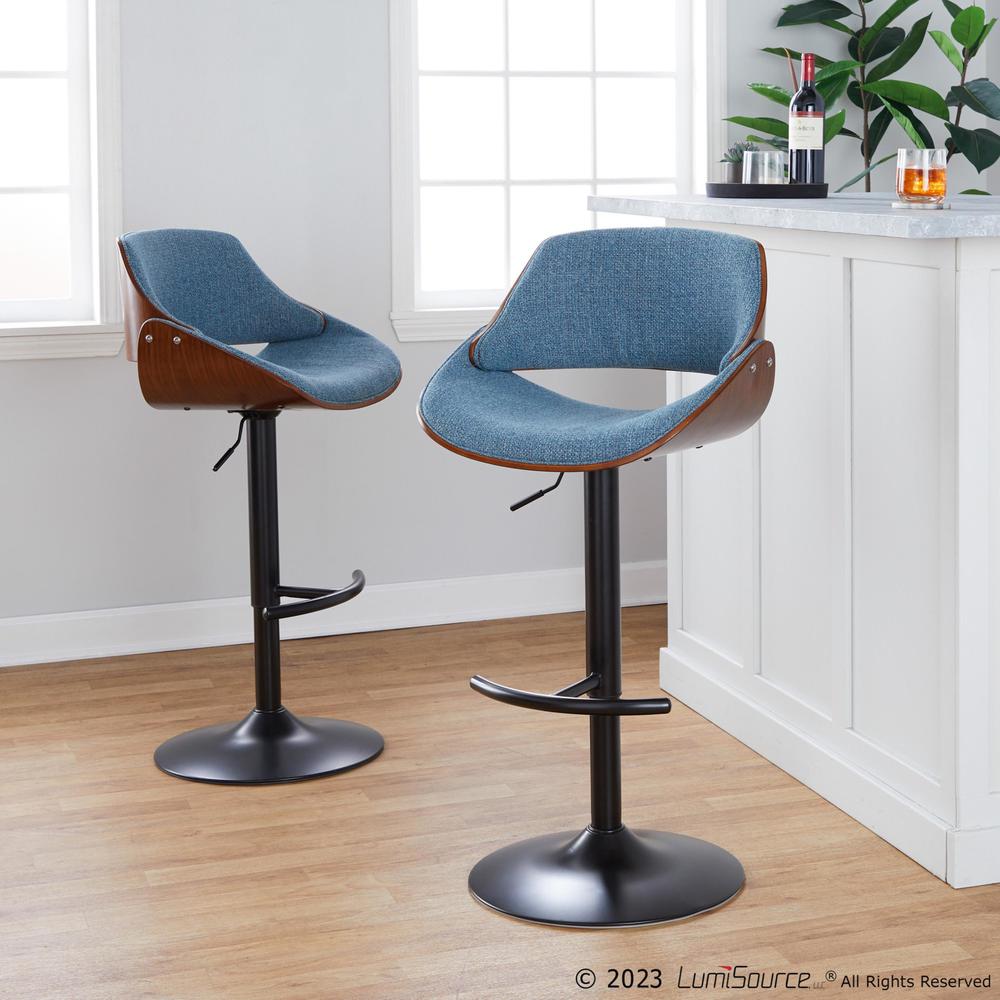 Walnut Wood, Black Metal, Blue Fabric Fabrizzi Adjustable Barstool - Set of 2
