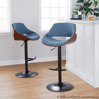 Walnut Wood, Black Metal, Blue Fabric Fabrizzi Adjustable Barstool - Set of 2
