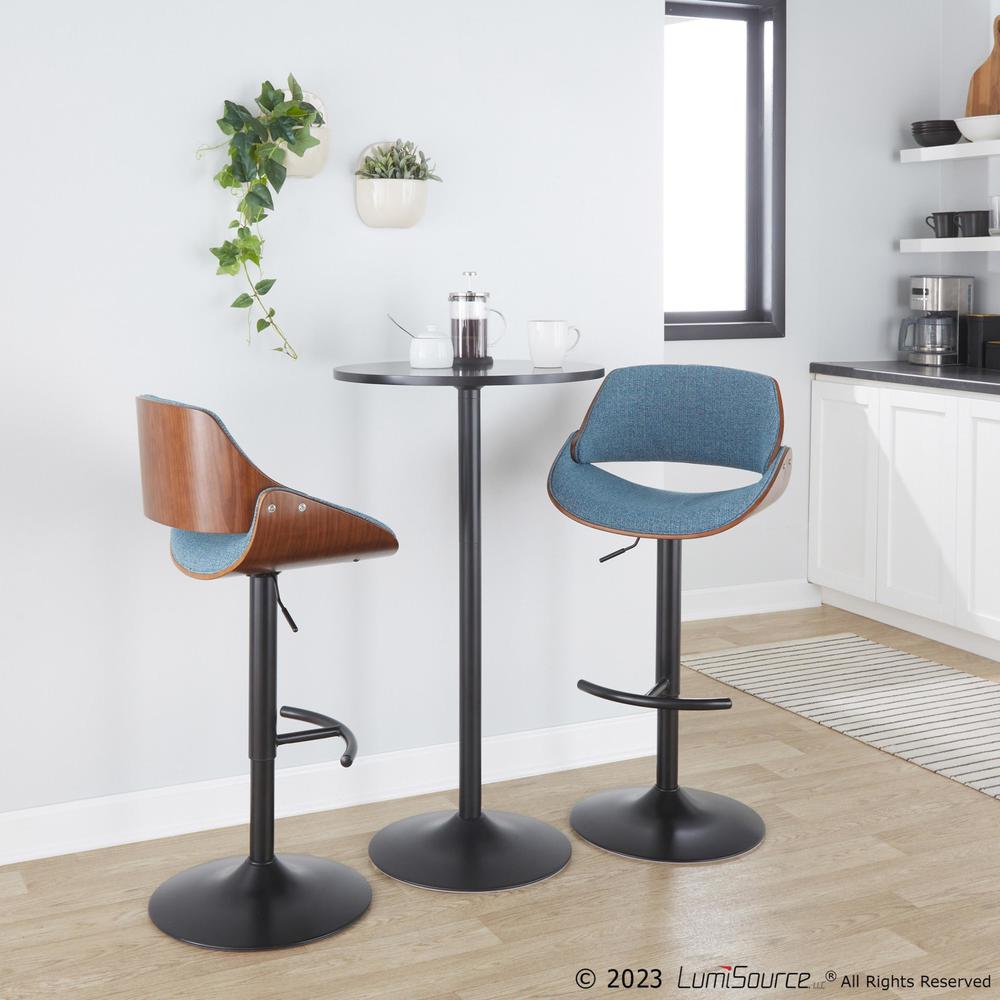 Walnut Wood, Black Metal, Blue Fabric Fabrizzi Adjustable Barstool - Set of 2