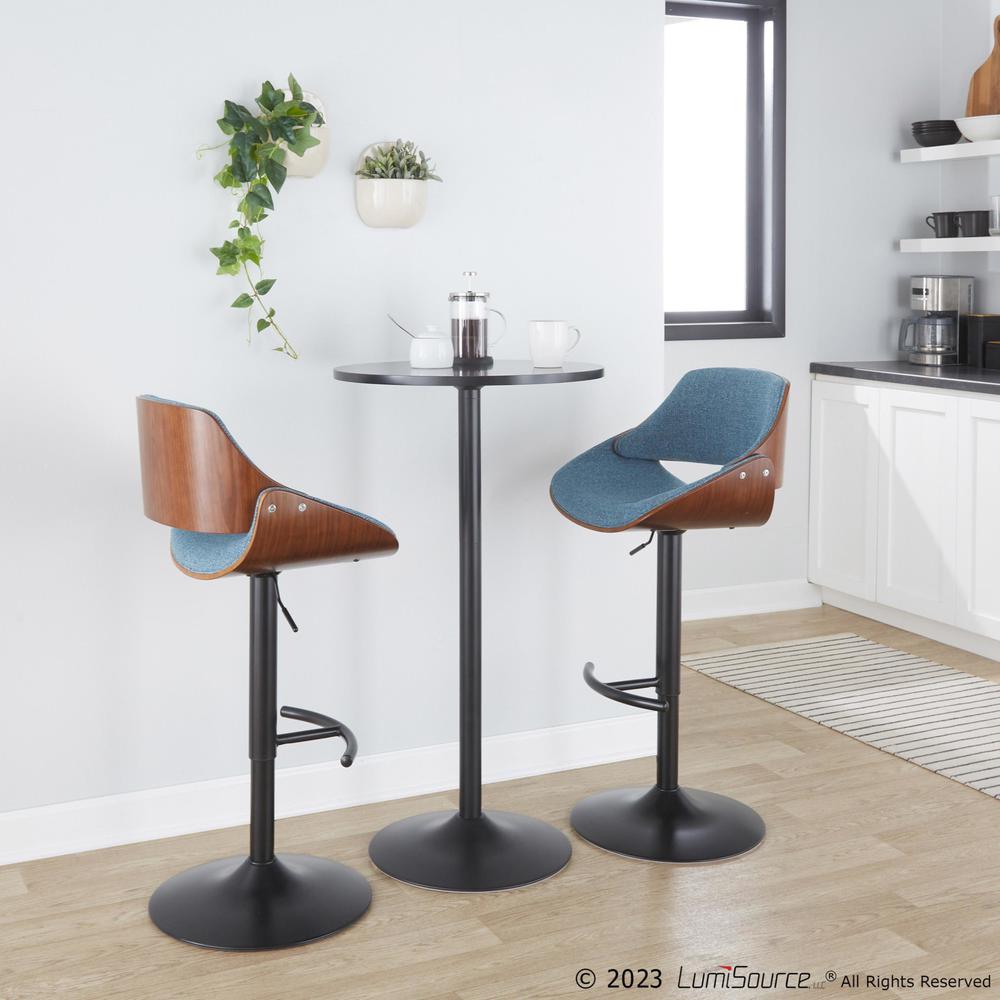 Walnut Wood, Black Metal, Blue Fabric Fabrizzi Adjustable Barstool - Set of 2