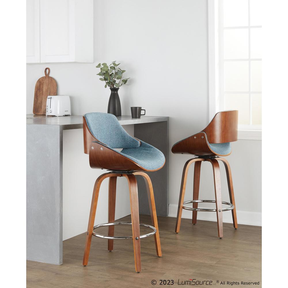 Walnut Wood, Blue Fabric Fabrizzi 26" Fixed-Height Counter Stool - Set of 2
