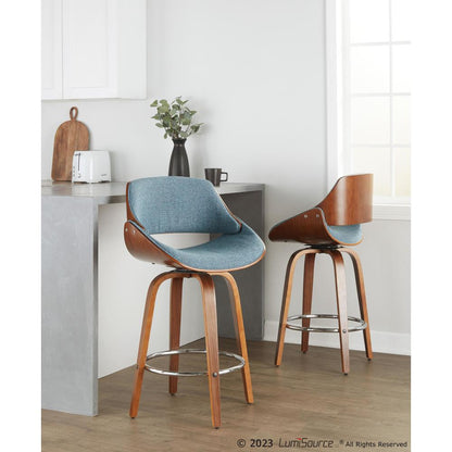 Walnut Wood, Blue Fabric Fabrizzi 26" Fixed-Height Counter Stool - Set of 2