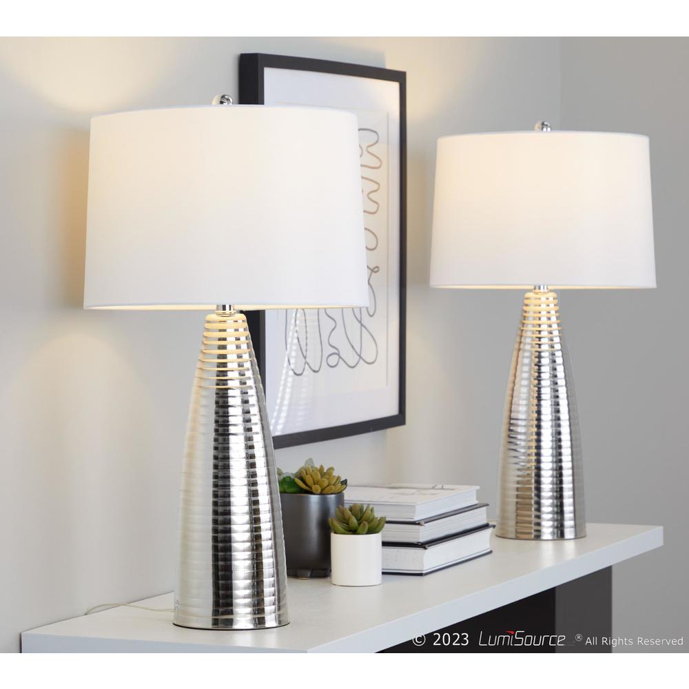 Polished Nickel, White Linen Maya 27" Metal Table Lamp - Set of 2
