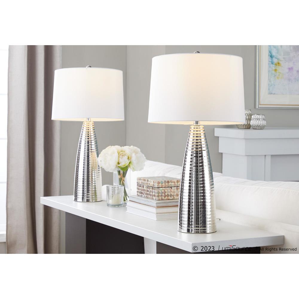 Polished Nickel, White Linen Maya 27" Metal Table Lamp - Set of 2
