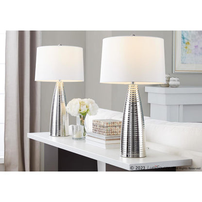 Polished Nickel, White Linen Maya 27" Metal Table Lamp - Set of 2