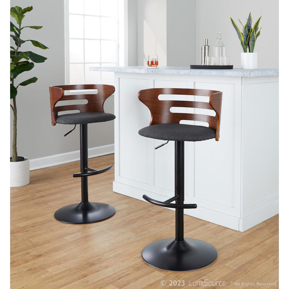 Black Metal, Walnut Wood, Charcoal Fabric Cosi Adjustable Barstool - Set of 2