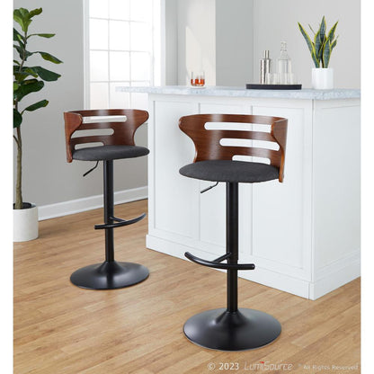 Black Metal, Walnut Wood, Charcoal Fabric Cosi Adjustable Barstool - Set of 2
