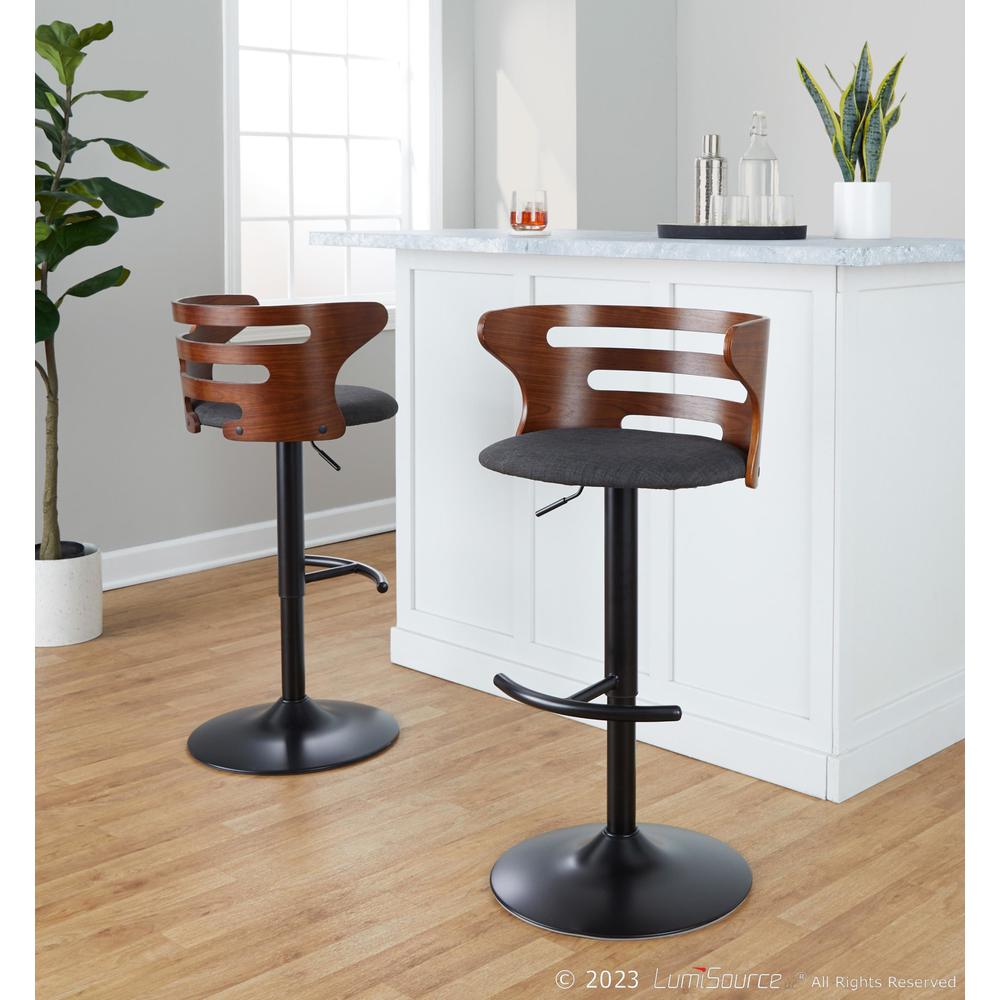 Black Metal, Walnut Wood, Charcoal Fabric Cosi Adjustable Barstool - Set of 2