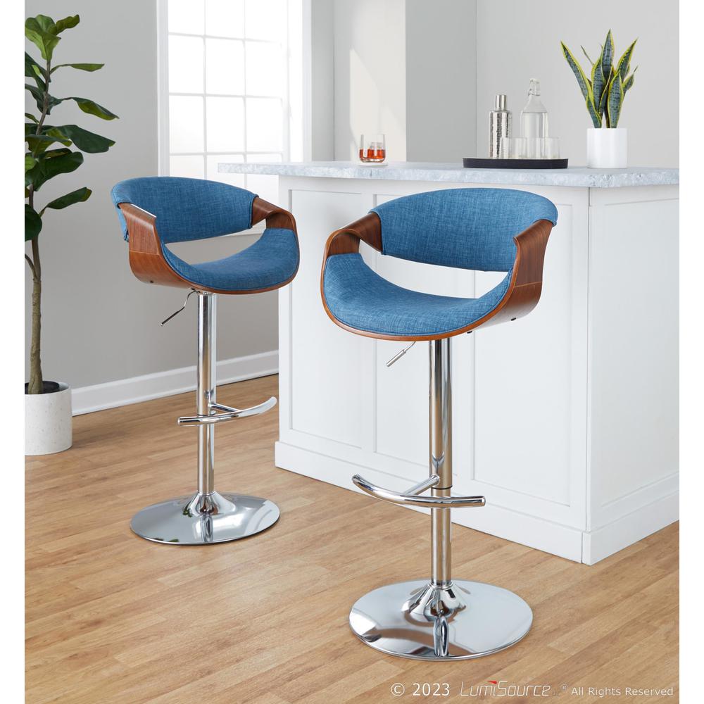 Walnut Wood, Blue Fabric, Chrome Metal Curvo Adjustable Barstool - Set of 2