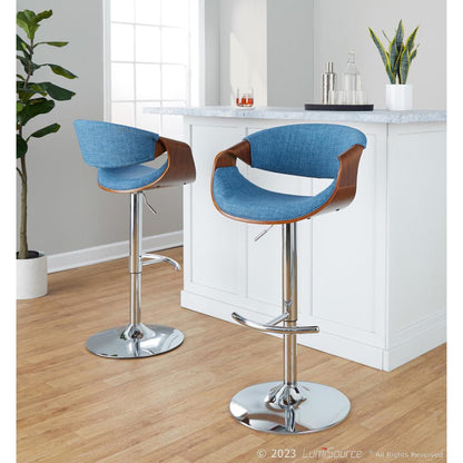 Walnut Wood, Blue Fabric, Chrome Metal Curvo Adjustable Barstool - Set of 2