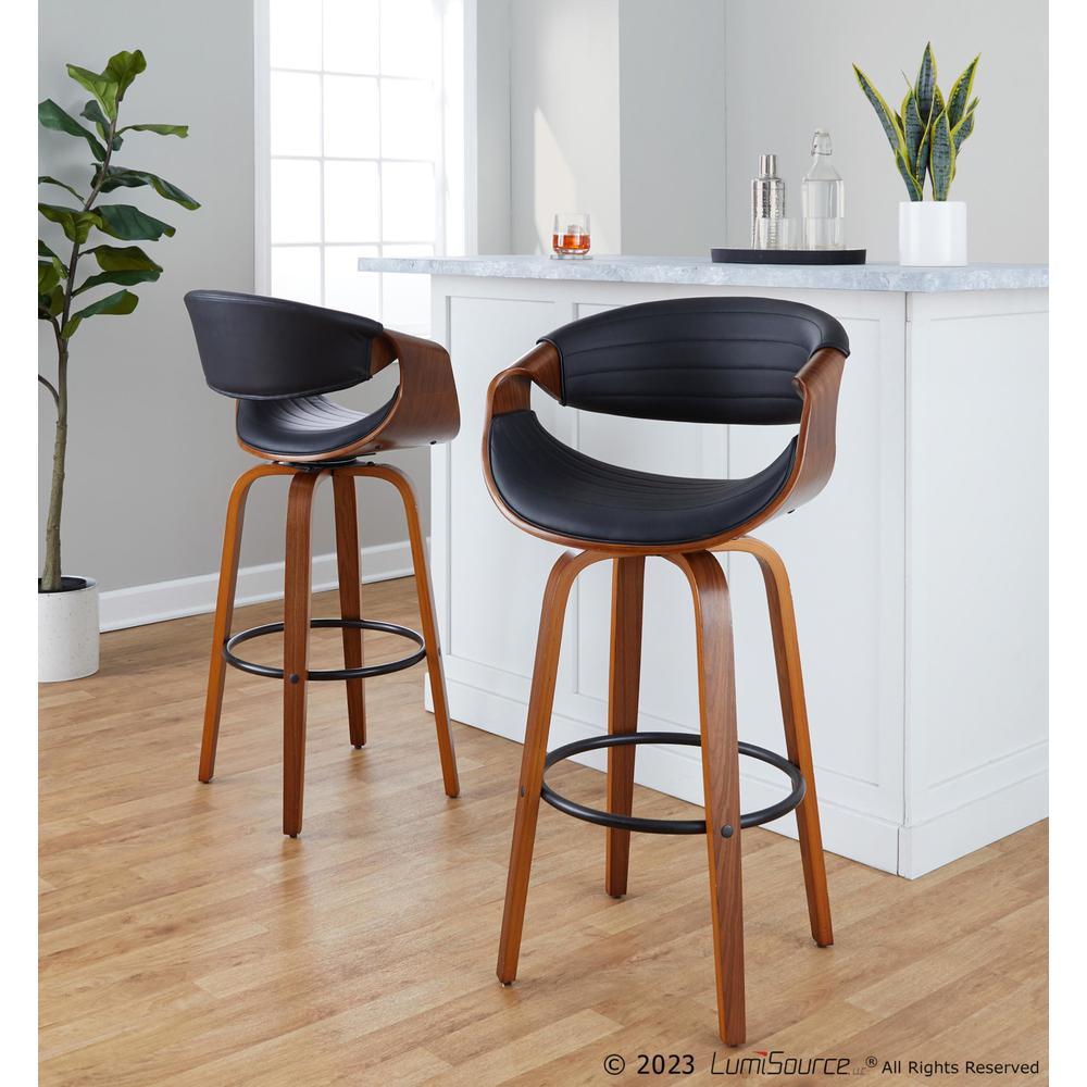 Black Metal, Walnut Wood, Black PU Symphony 30" Fixed-Height Barstool - Set of 2