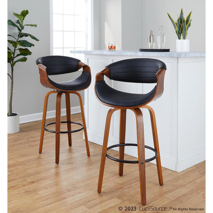 Black Metal, Walnut Wood, Black PU Symphony 30" Fixed-Height Barstool - Set of 2