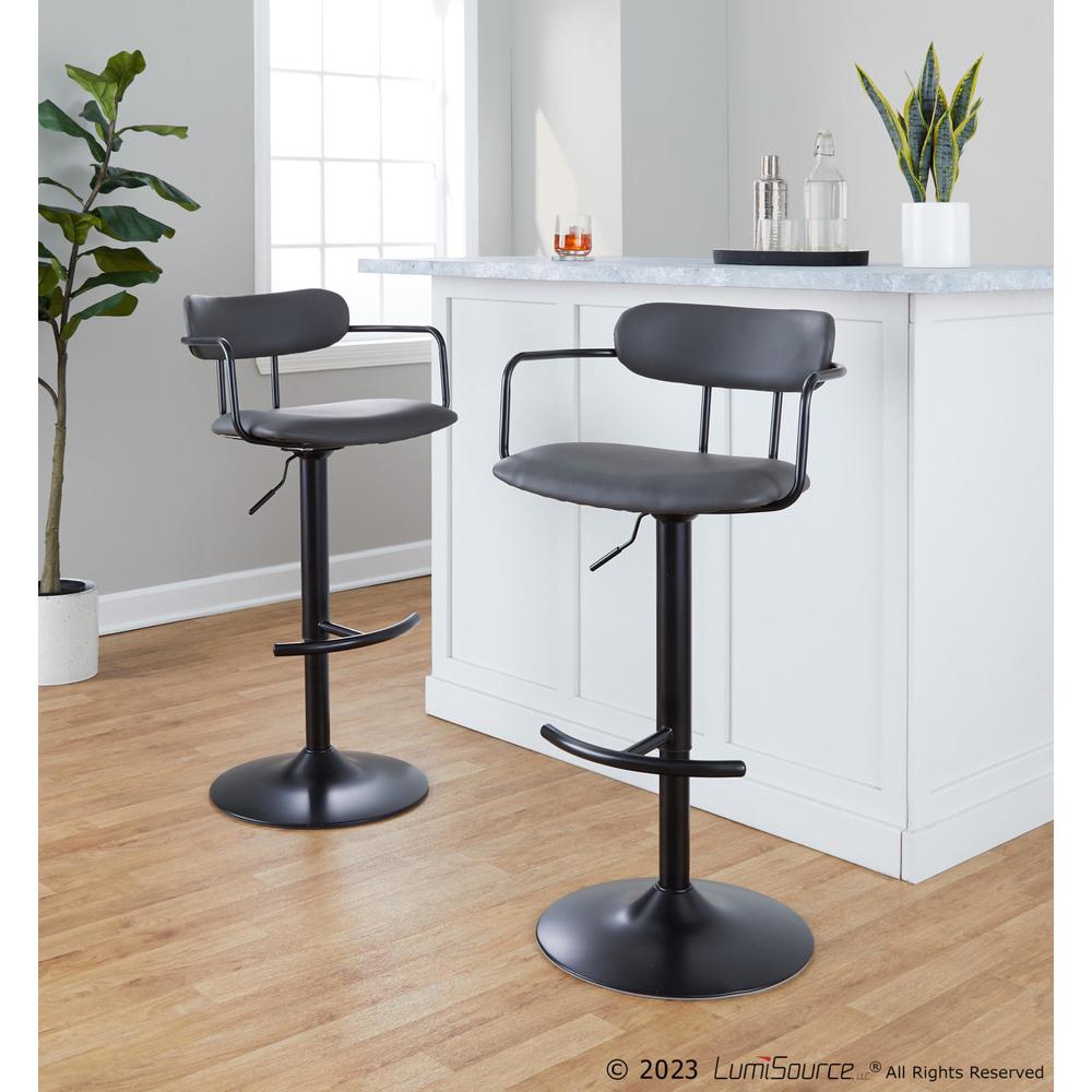 Black Metal, Grey PU Demi Adjustable Barstool - Set of 2