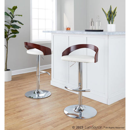 Chrome Metal, Cherry Wood, White PU Grotto Adjustable Barstool - Set of 2