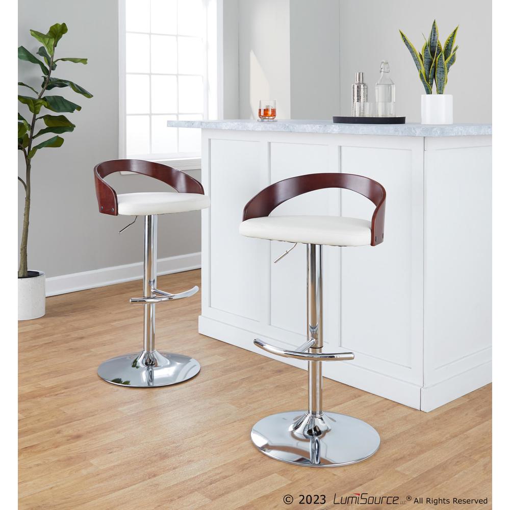 Chrome Metal, Cherry Wood, White PU Grotto Adjustable Barstool - Set of 2