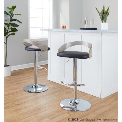 Chrome Metal, Light Grey Wood, Black PU Grotto Adjustable Barstool - Set of 2