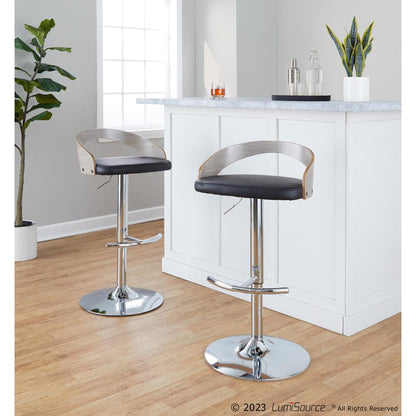 Chrome Metal, Light Grey Wood, Black PU Grotto Adjustable Barstool - Set of 2