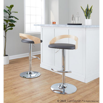 Chrome Metal, Natural Wood, Grey PU Grotto Adjustable Barstool - Set of 2