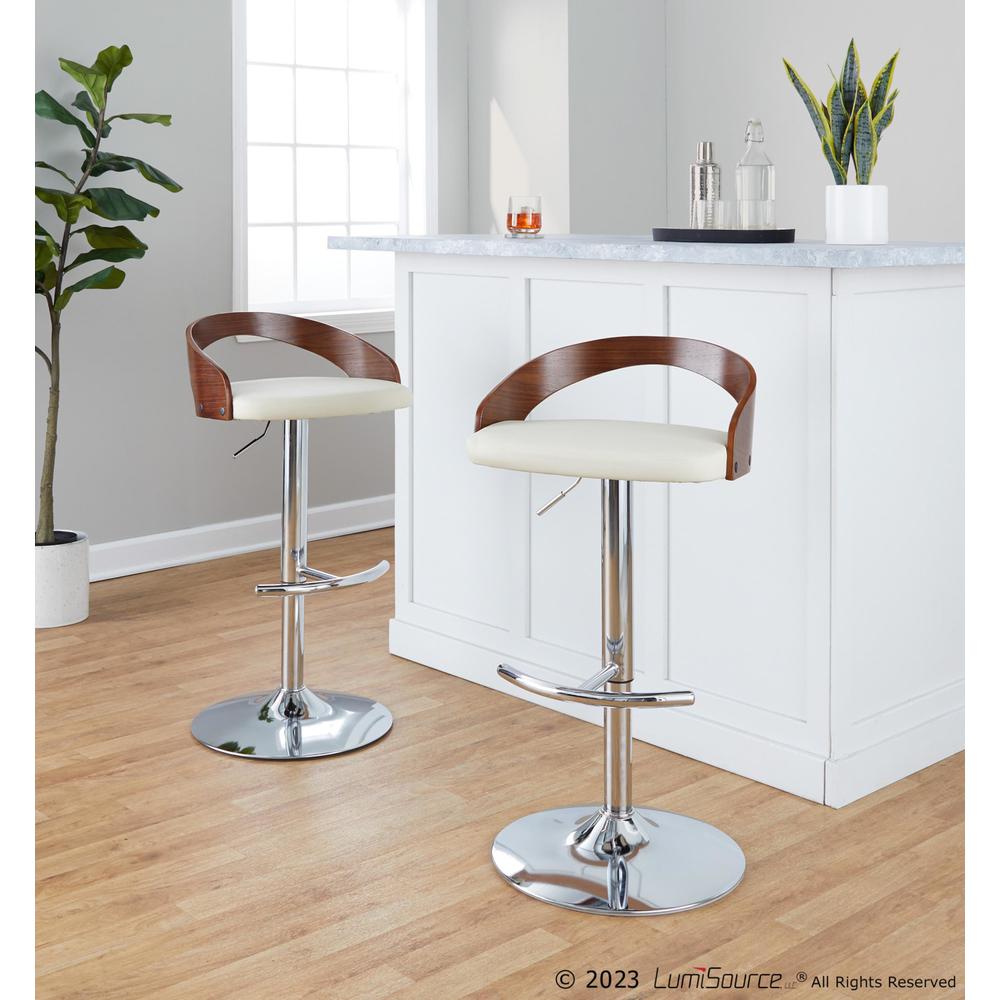Chrome Metal, Walnut Wood, Cream PU Grotto Adjustable Barstool - Set of 2