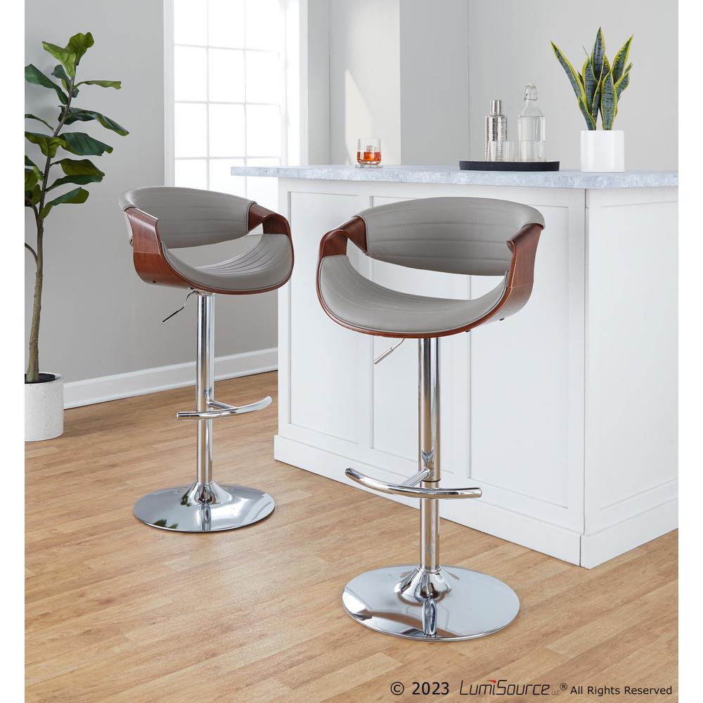 Chrome Metal, Walnut Wood, Grey PU Symphony Adjustable Barstool - Set of 2